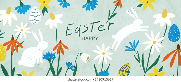 Fondo de arte Feliz Pascua. Diseño de patrón dibujado a mano moderna para las vacaciones de Pascua con huevos de Pascua, conejos, flores de primavera para el diseño de la bandera, saludos, invitaciones, cubierta