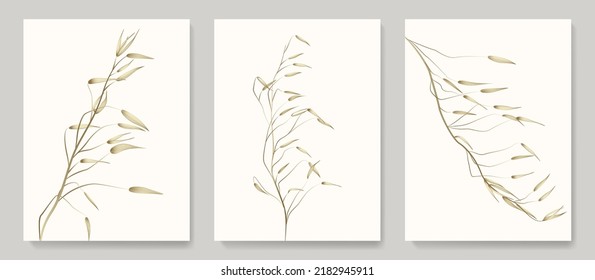 Art background with honey dry grass in beige color in a watercolor style. Botanical hand drawn poster set for decor, print, wallpaper, interior design.