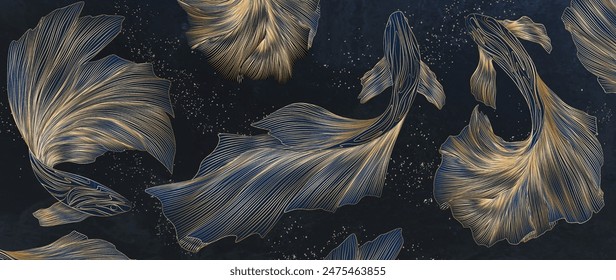 Art background with koi fish pattern in golden line style hand drawn. Vector animalistic banner in Japanese style for decoration, print, textile, wallpaper, poster, interior design.