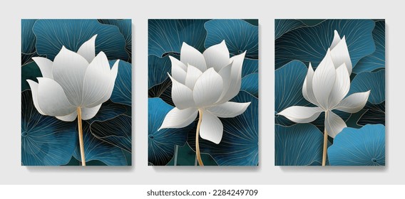 Art background with leaves and lotus flowers in blue and white flowers in gold color. Set of botanical prints for decoration, print, textile, wallpaper, interior design, invitations.