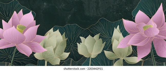 Art background with lotus flowers and leaves in green and pink colors with golden elements in line style. Botanical banner for design print, decor, packaging, wallpaper, textile.