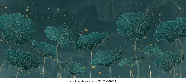 Art background with lotus leaves in gold line. Hand drawn botanical banner for wallpaper design, decor, print, textile