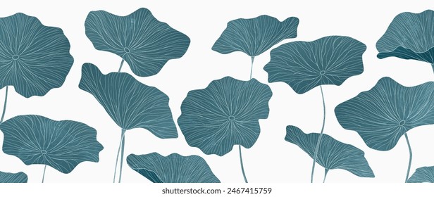 Art background with lotus leaves with hand drawn line art elements. Botanical banner for design of wallpaper, packaging, poster, print, cover, textile, interior design.