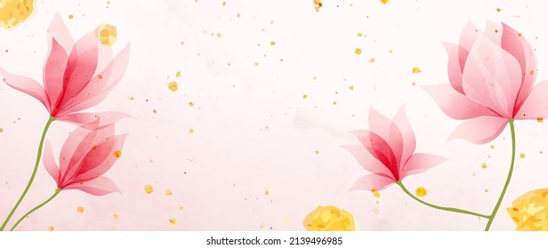 Art background with magnolia flowers in pink tones with golden elements. Botanical banner with watercolor paints with transparency effect for design, decoration, poster, invitations