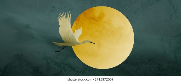 Fondo de arte con una luna y una grúa sobre un fondo azul con una textura de acuarela. Un fondo de Vector natural para decoración, Fondo de pantalla, carteles, textiles, diseño de interiores y embalaje.