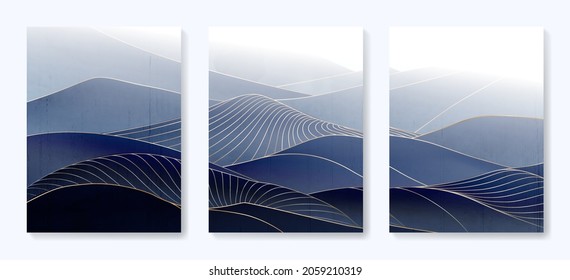 Art background with mountains in the fog decorated with golden lines in an oriental style.