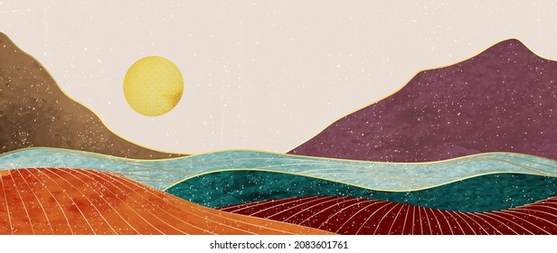 Art background with mountains, hills and lake in mid century style. Abstract landscape drawing for design decoration, print, banner