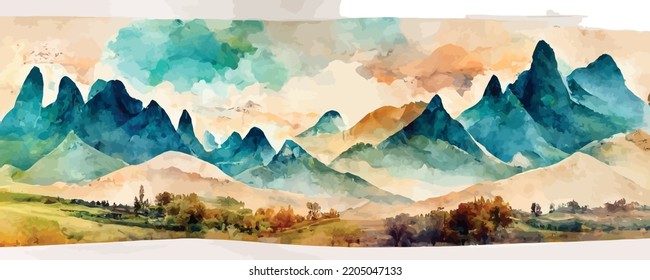 art background with mountains and hills in a watercolor