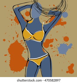 Art background with paint drops and nude woman silhouettes