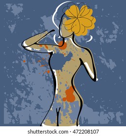Art background with paint drops and nude woman silhouette