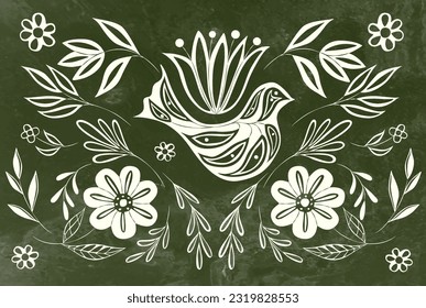 Art background with a pattern of flowers, grass and birds in green and white colors in folk style. Hand drawn vector banner for decor, wallpaper, print, textile, poster, fabric, interior design.