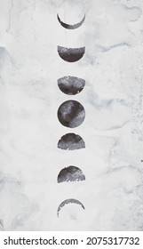 Art background with phases of the moon painted with watercolors on a gray backdrop. Handmade with an earth satellite with a moon in different phases.