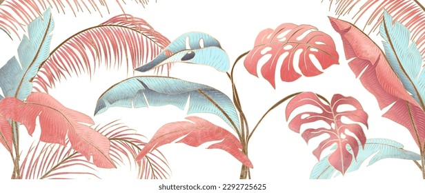 Art background with pink and blue tropical leaves with golden line elements. Botanical watercolor style wallpaper for banner design, decor, print, interior design.