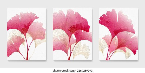 Art background with pink gingko leaves with gold line elements. Botanical set of prints for decor, wallpapers, textiles, packaging