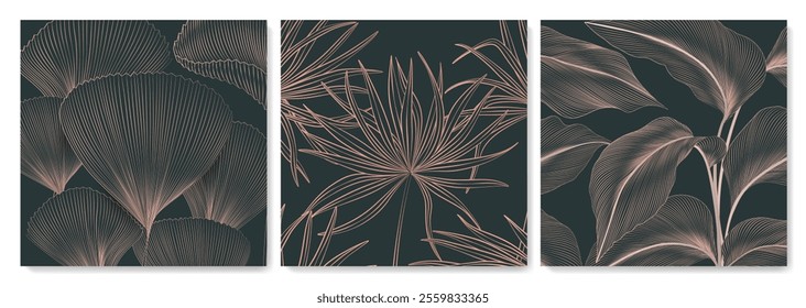 Art background with pink leaves of tropical plants in line art style. Botanical set for decor, print, textile, wallpaper, packaging, cover, interior design.