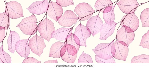 Art background with pink and purple leaves of flowers and trees hand drawn in a watercolor style. Botanical vector banner for decoration design, print, textile, interior, poster, wallpaper