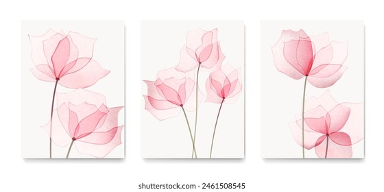 Art background with pink transparent flowers in watercolor style. Botanical floral set for decoration, print, textile, wallpaper, interior design, poster, postcard.