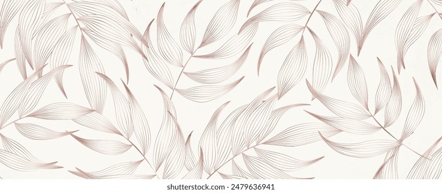 Art background with pink tropical leaves in hand drawn line style. Botanical vector banner for decor, print, wallpaper, poster, textile, interior design, packaging.