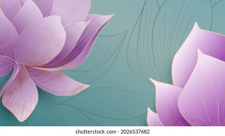 Art background with purple lotus flowers with golden elements for packaging decoration and social media wallpaper.