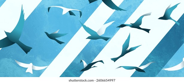 Art background with seabirds on blue and white sky background in geometric style. Animalistic banner for decor, print, wallpaper, textile, packaging, poster, interior design, cover.