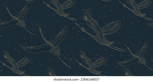 Art background with a seamless pattern of cranes in a gold line style. Animal banner in oriental style for decoration, wallpaper, interior design, packaging, poster, print.