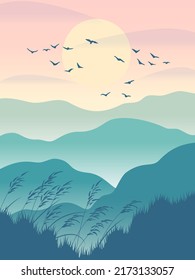 Art background with serenity oriental landscape. Nature scene with mountains, wild cereals and birds flying against the sun. Bird flock silhouette at dawn or sunset. Vector minimalistic illustration.