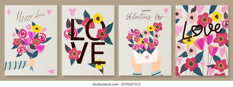 Art background with a set of postcards for Valentine's Day with flowers, a letter, a bouquet in hands, a heart. A set of posters for the design of a template, poster, packaging, cover, congratulations