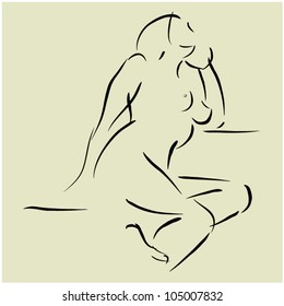 art background with sitting beautiful young woman topless, sketch vector
