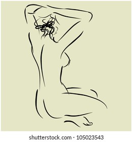 Kunsthintergrund mit schöner, junger, sexy Frau oben ohne Rücken, Skizze, Vektorgrafik