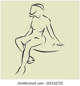 fondo artístico con bella joven sentada sexy mujer topless con pelo corto; vector de esbozo