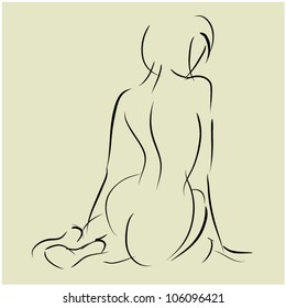 fondo artístico con bella joven mujer sexy sentada en topless con su espalda, boceto vectorial