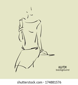 art background with sitting beautiful young woman in party dress with glass of champagne, sketch vector