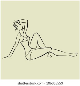 art  background with sitting in profile beautiful young woman in bikini, sketch vector