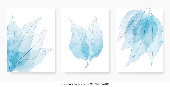 Art background with skeletons of leaves in blue tones in a watercolor style. Botanical poster set with tree leaves close up for decoration, print, wallpaper, interior design