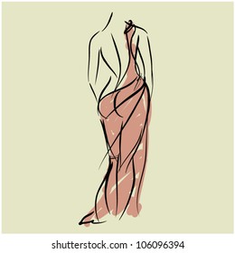 art background with standing back beautiful young sexy woman with transparent cape, sketch vector