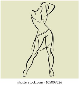 art background with standing beautiful young woman topless and in transparent skirt, sketch vector