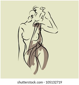 fondo artístico con bella joven mujer sexy en capa transparente y topless, vector de boceto