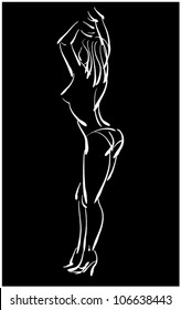 art  background with standing beautiful young woman topless and in thong and shoes, sketch vector