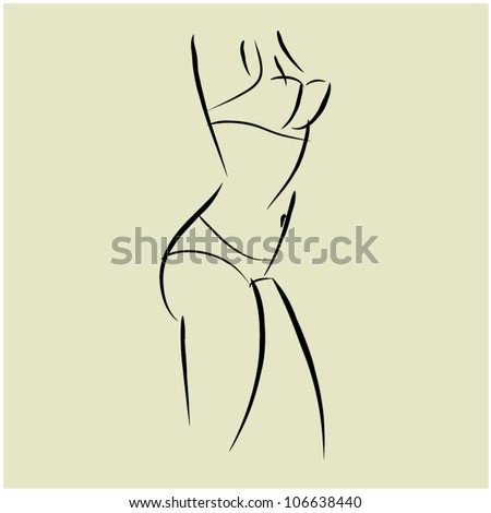 art  background with standing in profile beautiful young sexy woman in bikini, sketch vector