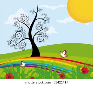 Art background with stylized tree, butterflies and rainbor