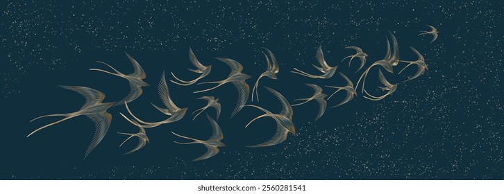 Art background with swallow birds in golden style line art hand drawing. Dark banner for decor, print, textile, poster, wallpaper, interior design, packaging.