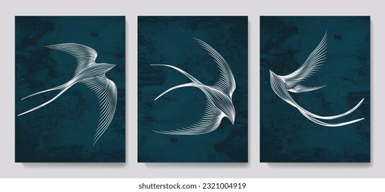 Art background with swallows in line art style. Set of vector posters with hand drawn birds for decoration, print, wallpaper, textile, interior design, textile.