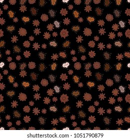 Art for background texture design. Seamless love pattern with cute lettering calligraphy text and hearts, envelopes, doodles. Hand drawn illustration in cartoon style on black, brown, dark colors.