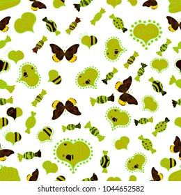 Art for background texture design for web, print, textile, fabric.Vector. Seamless love pattern with cute lettering. Hand drawn illustration in cartoon style on white, yellow and green colors.