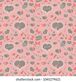 Art for background texture. Vector. Seamless love pattern with cute lettering calligraphy text and hearts, envelopes, doodles. Hand drawn illustration in cartoon style on pink, gray and white colors.