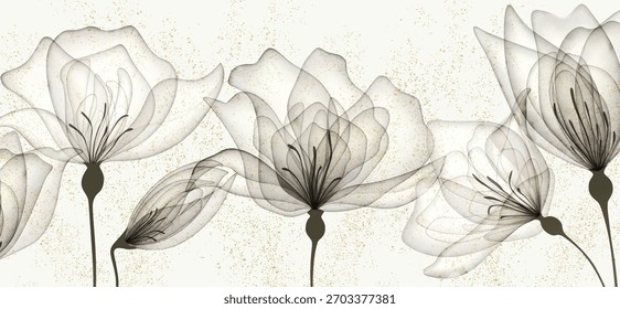 Art background with transparent black and white flowers in a watercolor style with glitter. A botanical floral banner for decor, prints, wallpaper, textiles, posters, interiors, and packaging.
