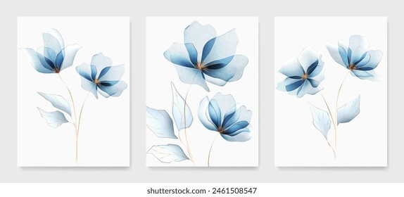 Art background with transparent blue flowers with golden elements in transparent style. Botanical floral poster set for design print, textile, wallpaper, interior design, wallpaper, invitations