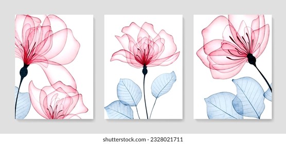 Art background with transparent pink flowers in a watercolor style. Botanical floral set for decoration design, print, poster, wallpaper, interior design, invitations, textile.