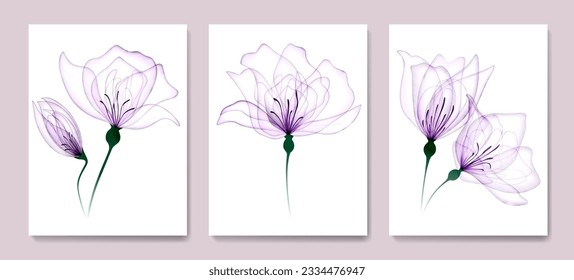 Art background with transparent purple flowers roses in a watercolor style. Botanical hand drawn set for decor, wallpaper, poster, print, textile, interior design.