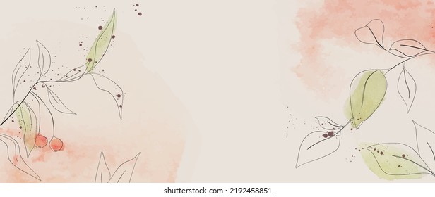 Art background with tree leaves in line style. Botanical watercolor autumn banner for wallpaper design, invitations, decor, print, interior design.